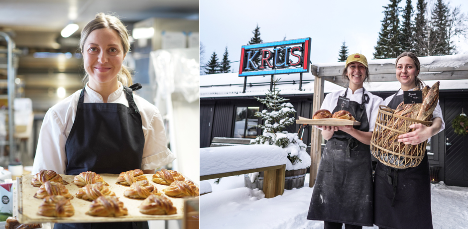 Kollage av Elin Larm med bullar och utomhusbild med skylten Krus.