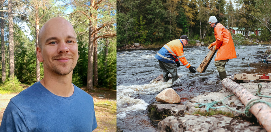 Joakim Eriksson, projektledare och två fiskare som fiskar i älven.