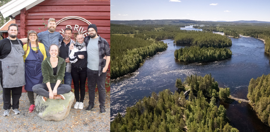 Bildtext: Wilder River tillsammans med de coachade företagen i projekt Smaka på Vindelälven samt vy över Vindelälven. Foto: Lars Westerlund/RoineÖberg.